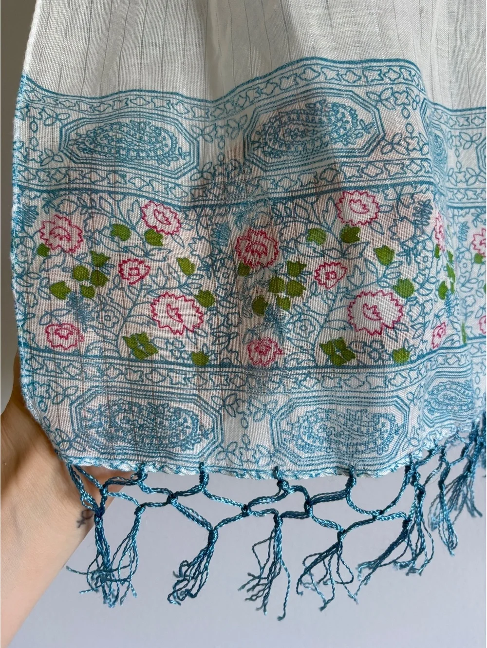 White Long Scarf with Blue Floral Border and Fringe